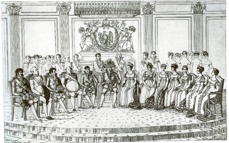 La corte imperiale nel 1809; Caterina è la seconda da destra; Girolamo è il terzo da sinistra, mentre il quarto da sinistra è il re del Württemberg.
